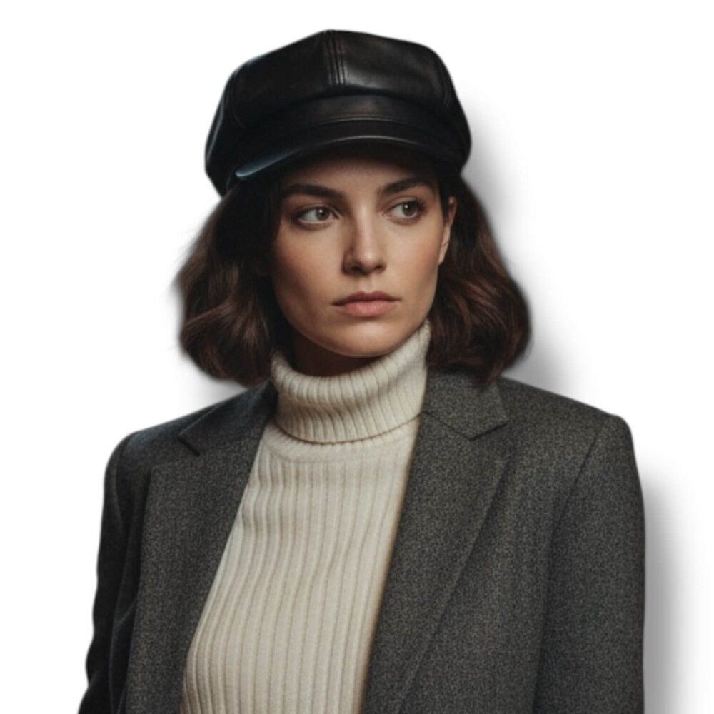 Black Faux Leather Newsboy Cap